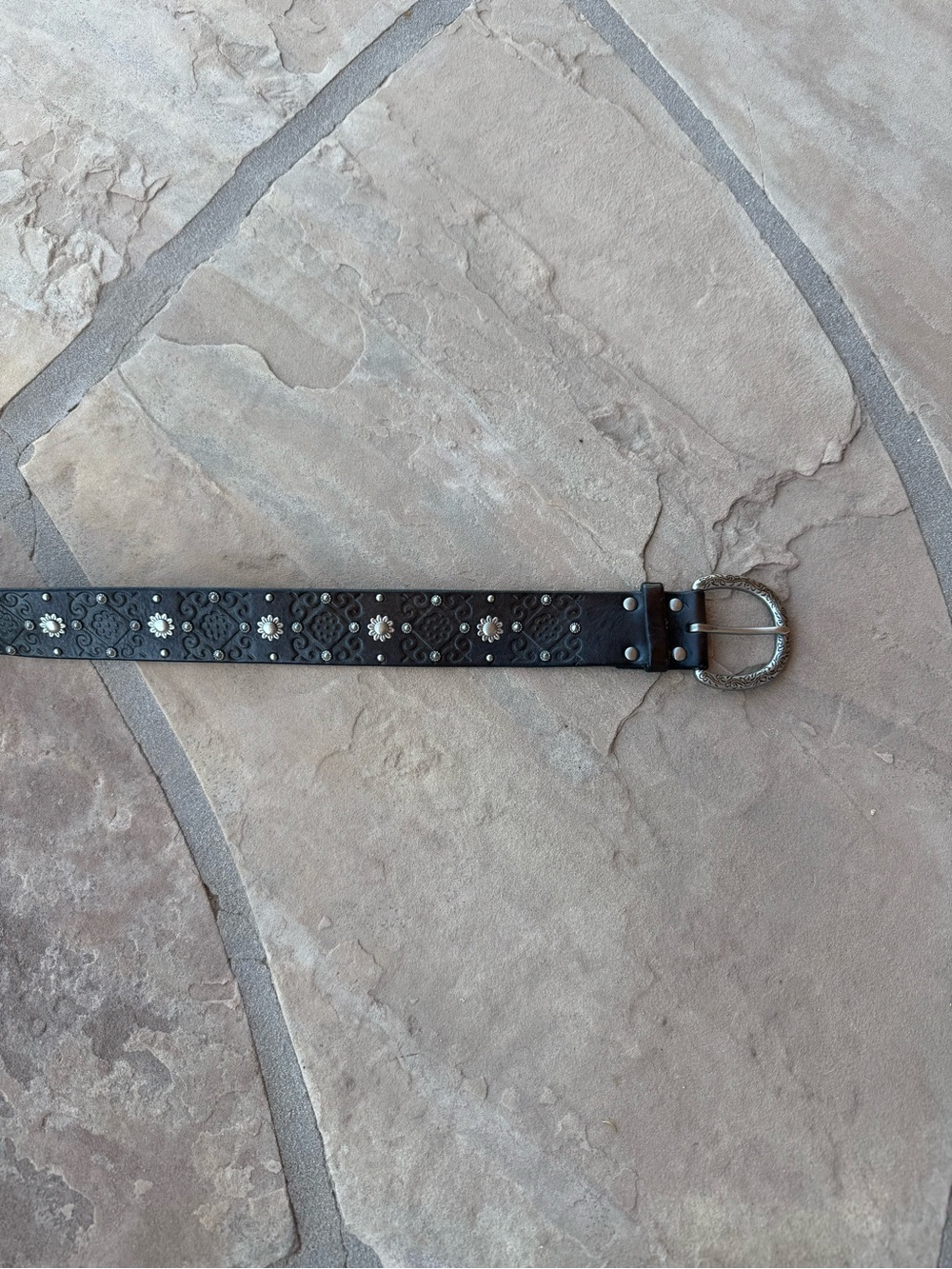 Women’s Black Floral Embossed Leather Belt with Decorative Studs by Fossil